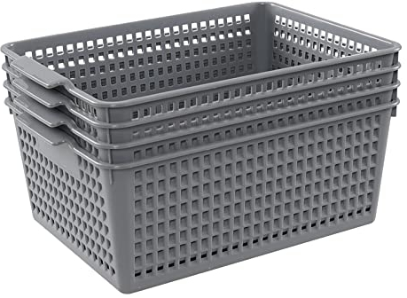 Joyeen Large Stroage Basket, Plastic Kitchen Cupboard Basket Box Set of 4 (Grey)