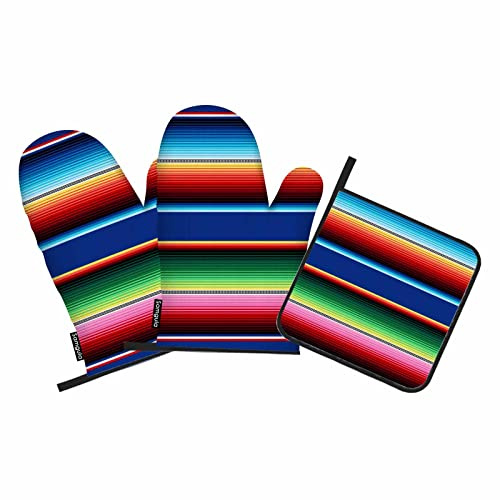 Samgula Juego de manoplas y soportes para ollas mexicanos, rayas coloridas, arte brillante, resistente al calor, 3 piezas para cocinar, hornear y barbacoa