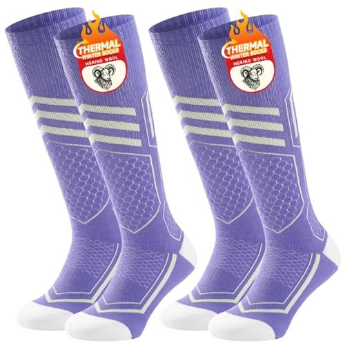 TANSTC Merino Wool Ski Socks Thermal Warm Thick Winter Knee High Snowboarding Skiing Outdoor Sports Socks for Cold Weather 2 Pairs,purple,M