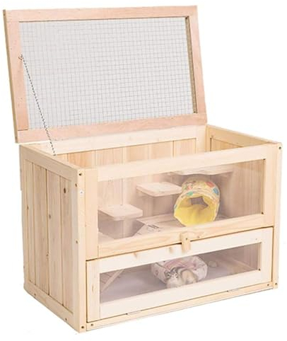 Massivholz-Hamsterkäfig mit Schublade, Meerschweinchenkäfig, Haustier-Zuchtbox aus Holz mit zu öffnendem Dach, Innenkäfig-Lebensraum für kleine Tiere