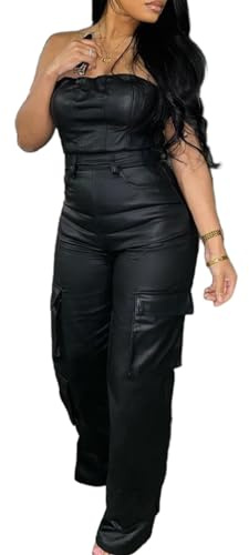 REASERAL Womens PU Leather Jumpsuit Sexy Off the Shoulder Top Tight Waist Cargo Pants Bodysuit