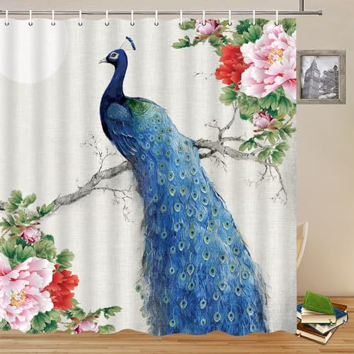 Yadshoti Duschvorhang mit Pfauenmotiv, Ölgemälde, elegante Tiere, schöner Vogel, rosa Pfingstrose, Blume, grüne Blätter, Badezimmer-Dekor, Polyesterstoff, Vorhang-Set, 178 x 213 cm, mit Haken