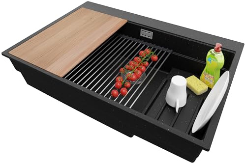 PRIMAGRAN Evier Cuisine en Granit Noir Métallisé 78x53cm, Lavabo 1 bac + Kit de Vidage + Accessoires, Évier à Encastrer al mueble 80cm - Oslo Max S098