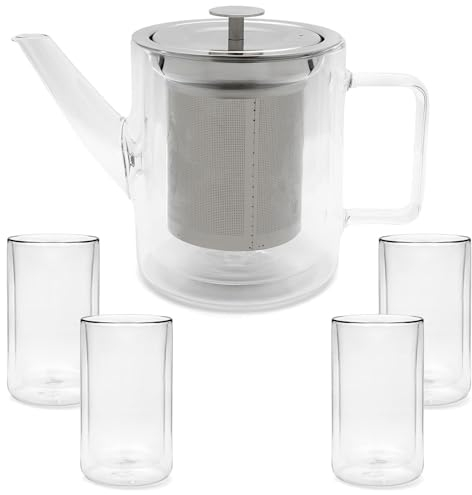 Bredemeijer kleine gläserne doppelwandige Teekanne 1.0 Liter - isolierende Glaskanne Set mit Edelstahl-Teefilter und 4 Teegläser aus Glas (je 400 ml)