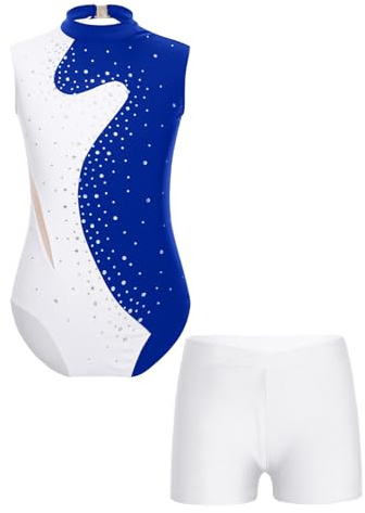 ranrann Barn flicka gymnastik trikådräkt ärmlös strass glänsande med shorts outfit skridskoåkning dans kostym show 5–16 år, A blå och vit, 11-12 �r
