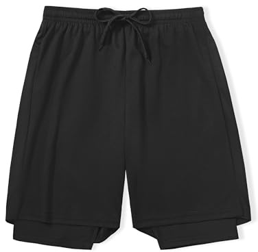 DANI CHINS Boys 2 in 1 Athletic Active Shorts Sports Running Quick Dry Breathable Compression Shorts (Black, 12)