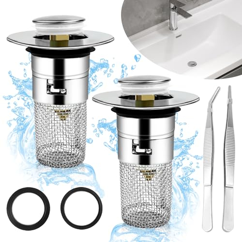WaschbeckenstöPsel für 34-40mm Abfluss Ablauf, 2 Stück Universal Pop Up Abflusssieb Ablaufgarnitur Stöpsel Waschbecken, mit 2 Dichtungen und Pinzette, Abflussstopfen aus Messing, für Küche und Bad