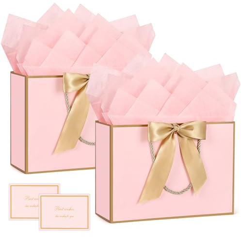 BBLIKE Pochette Cadeau Papier - 2 Pièces Sac Emballage Cadeaux Grand Format Avec Anse, Gift Bag Paquet Luxe 11.03 * 7.87 * 3.94in + 2 Cartes + 4 Mouchoirs Pour Fête d'Anniversaire, Mariage (Rose)