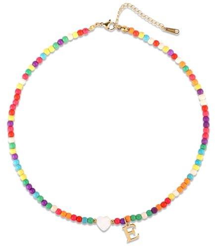 Mikovivi Initial Beaded Necklace with Heart Shells and Stylish Letter Pendant (Letter E)