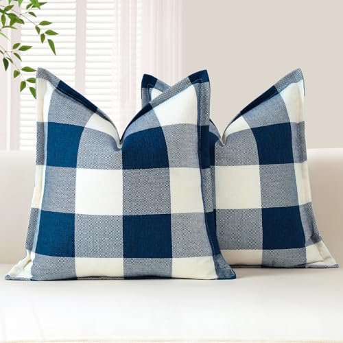 Sungeek 2er Set Buffalo Plaid Tartan Kissenbezüge, Dekorativ Zierkissenbezüge Weihnachten Kariert Kissenbezug Dekokissen Deko Bezug Kissenhülle für Sofa Schlafzimmer Wohnzimmer 40x40cm (Marineblau)