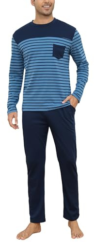 Irdcomps Pyjama Homme Hiver Coton Ensembles de Pyjamas à Rayures Chauds Manches Longues Col Rond Vêtements De Nuit Vêtements de Détente pour Hommes Deux Pièces Confortable Doux Bleu Ciel XXL