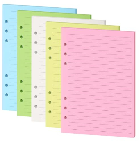 Mafeigu Recharge de papier ligné coloré pour classeur A5 à 6 anneaux, inserts de planificateur A5, 5 couleurs de 120 g/m², 100 feuilles/200 pages