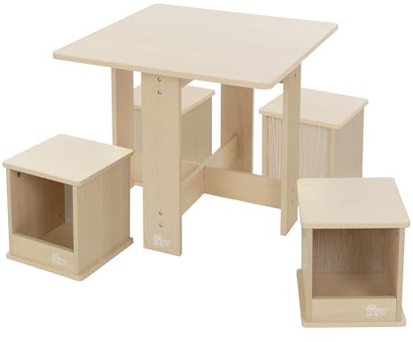 Joyz Kindersitzgruppe mit 1 Tisch und 4 Hockern, 5tlg Kindertischgruppe Holz, Kindermöbel Set für Kinder, Kinderhockern mit Stauraum, Kindertisch Schreibtisch Maltisch für Kinderzimmer & Spielzimmer
