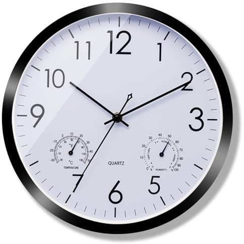 Quarz-Wanduhr mit Temperaturanzeige und Hygrometer 30cm Ohne Tickgeräusche Geräuschlose Sweep-Bewegung Leicht Ablesbare Wanduhr für Zimmer Büro Schule Küche (Schwarz)