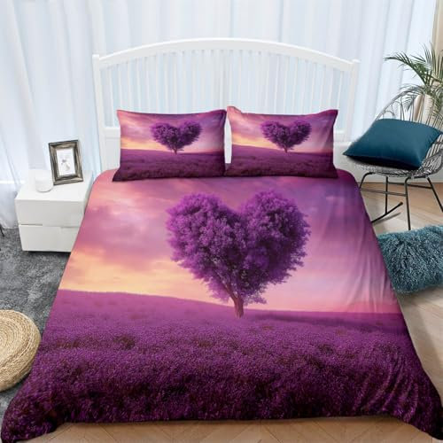 Viola Copripiumino stampato in microfibra 230 x 220 cm Set copripiumino con cerniera morbido con 2 federe abbinate Campo di fiori di albero a forma di cuore da sogno tema Biancheria da letto morbida