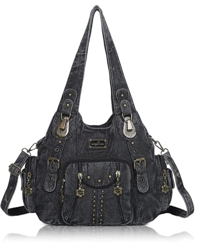Angel Kiss Geldbörsen für Damen, weiches PU-Leder, große Hobo-Tasche für Damen, Schultertasche, Schwarz Denim