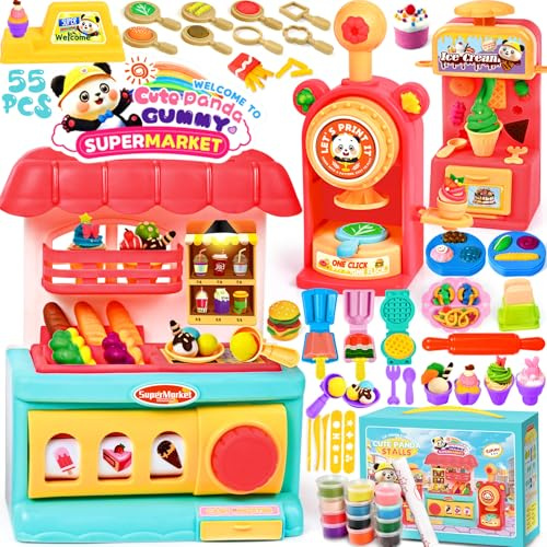 SaiXuan Juego de Plastilina 55 Piezas con 12 Botes, Moldes de Plastilina y Herramientas DIY para Helados, Hamburguesas y Comida, Plastilina Niños 2-6 Años, Kit Creativo Regalo Infantil