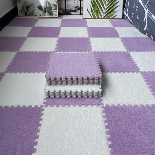 Weiche, ineinandergreifende Teppichfliesen, 30,5 x 30,5 cm, flauschige Schaumstoff-Puzzle-Bodenmatten für Zuhause, Spielzimmer, Dekoration, lila und weiß, quadratische Teppiche mit Bordüren