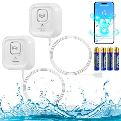 Wassermelder, Wassermelder WLAN 100 dB Lauter Wassersensor, Wassermelder mit Smart Life App Fernbedienung, Wasseralarm für Küche, Keller und Bad 2 Pack mit Batterien