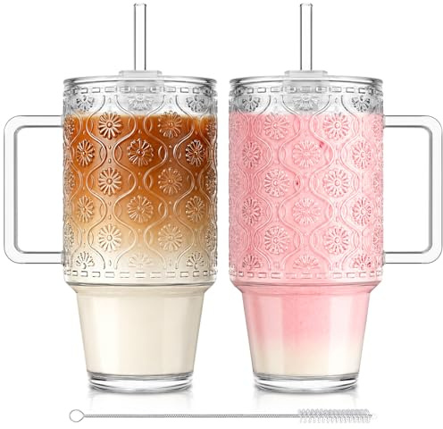 KEMORELA 2er-Set 710ml Premium Rillengläser mit Deckel & Strohhalm - Kaffeebecher, Saftgläser, Smoothiegläser & Wassergläser mit extra weitem Rand, bleifrei und spülmaschinengeeignet