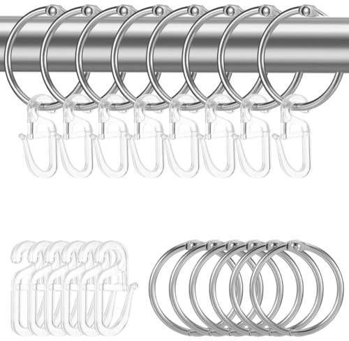 60 Metall-Gardinenringe mit Haken, Innendurchmesser 32 mm, Gardinenhaken mit 60 transparenten Kunststoff Vorhang Haken, Aufhängezubehör für Gardinen, Türvorhänge, Duschvorhänge(Silbrig)