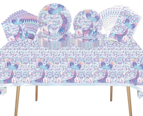 51PCS Mermaid Party Tableware Set Supplies with Plates Tablecloth Napkins Favor Bags Filler Bags for Birthday Decoration and Baby Shower