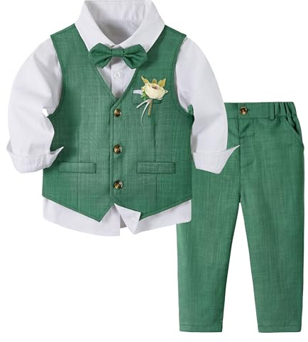 Volunboy Elegant klädset för barn, pojkar, bröllopsceremoni, kostym, 4 delar, långärmad skjorta + fluga + väst + byxor, mörkgrön, 4-5 anni
