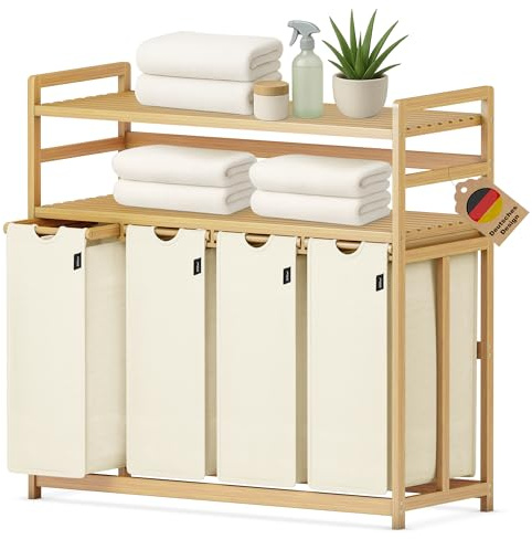 XMHome Wäschesammler 4 fächer, 198L Wäschekorb,2 Ablagen,Bambusrahmen | Wäschesortierer 4 x 49.5L, ausziehbar abnehmbar, Doppelregal, Farbe Beige
