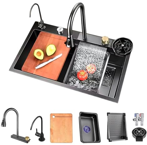 Lavello da cucina grande oro con rubinetto estraibile a cascata rubinetto dell'acqua potabile Lavello per lavastoviglie e kit di scarico Lavello a vasca singola in acciaio inossidabile 304 (colore