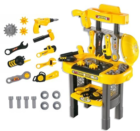 KRUMAD Werkbank Kinder 22-teilig, Spielzeug ab 3 Jahre, Werkzeug Set mit Bohrmaschine, Hammer, Schraubendreher, Helm & Zubehör, Werkbank Werkstatt für Kinder, Kinderspielzeug Geschenk Junge 3 Jahre
