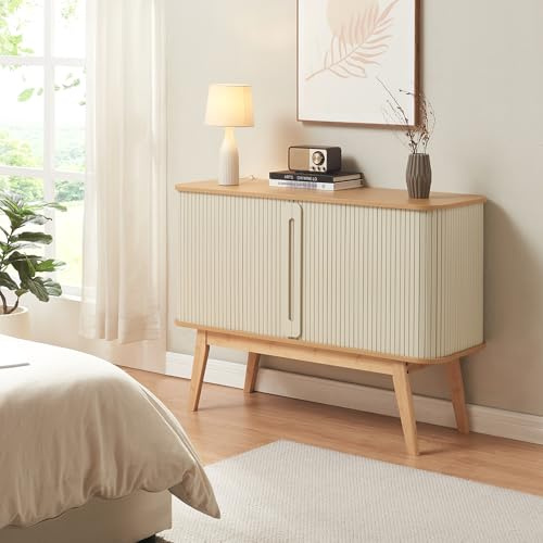 [en.casa] Aparador Tysvær con 4 Compartimentos Cerrados Armario Multiusos Mueble de TV con 2 Puertas Correderas Bambú 110 x 40 x 80 cm - Bambú/Blanco Crema