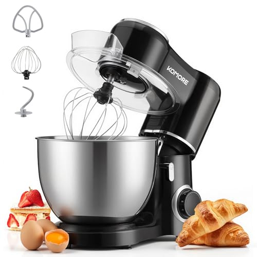 KOMORE 8L Stand Mixer for Baking, 6 Speed Pulse Mode, 1500W 3-in-1 Electric Kitchen Food Mixers with Stainless Steel Bowl, Beater, Dough Hook, Whisk, Splash Guard for Bread & Cakes, Black