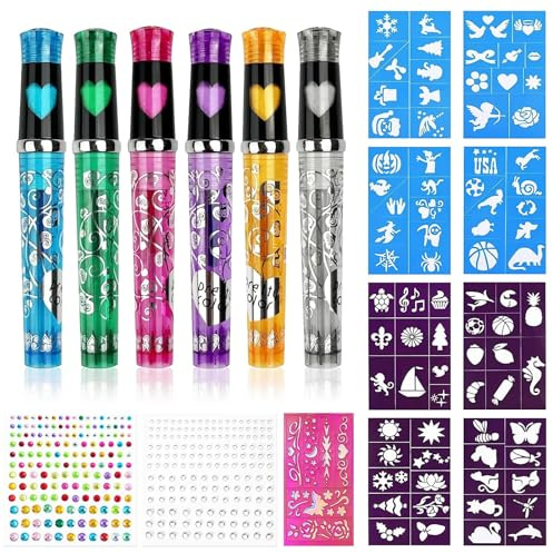 Sularpek Kit Stylo Tatouage Temporaire Brillant, 6 Stylos à Paillettes, 9 Pochoirs Réutilisables, 86 Motifs, 4 Autocollants Visage Gemmes, pour Cadeau, Fêtes, Événements, Festivals