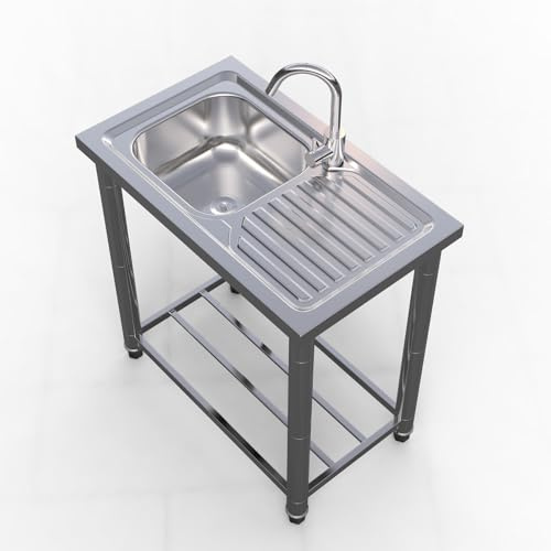 Lavabo Indipendente in Acciaio Inox, Lavandino Per Garage Lavandino Commerciale con Rubinetto Lavelli Autoportante Lavello Esterno Lavabo Cucina Lavamani Professionale 75X40cm