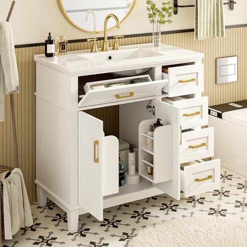 Lavabo con mobiletto da 90 cm, bianco, set di mobili da bagno in ceramica, con manici dorati e legno massiccio laccato, con 4 cassetti e scomparto pieghevole