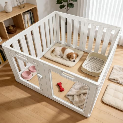 Acryl Welpenauslauf mit Robuster Türverriegelung, 61 cm Hoch, 8 Paneele, Modularer Haustierlaufstall für Welpen, Kleine Hunde, Katzen und Kaninchen, Transparenter Kunststoffzaun für Innenräume, Weiß