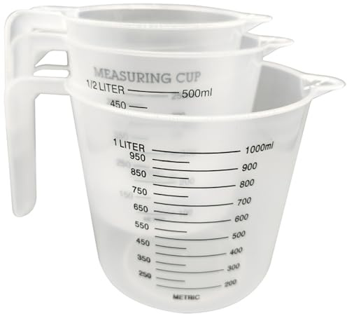 Brocca per acqua in plastica, caraffa dosatrice da 3 pezzi, 1 l/500 ml/250 ml per acqua in plastica trasparente con manico, misurino facile da leggere senza BPA per cucinare, cuocere al forno