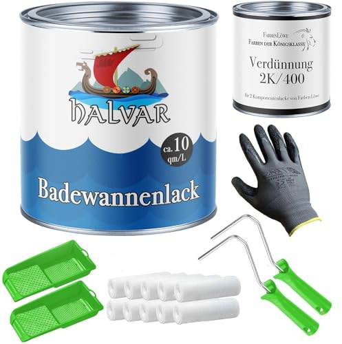 Halvar 2K Badewannenlack im Set - Badewannenbeschichtung inkl. Farbroller, Handschuhe & Entfetter - Badewanne streichen mit Emaille Lack (1 L, Schwarz)