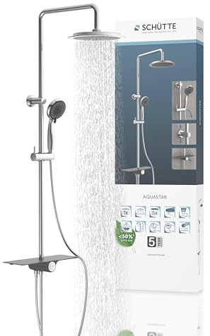 SCHÜTTE AQUASTAR Duschset Regendusche mit Ablage, Duschsystem mit 5-fach verstellbarer Handbrause, Duschsäule mit Duschkopf, Duschset in Chrom/Schwarz