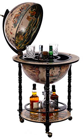 Birendy Riesiger Barwagen 45001WB01, mit massiven Eukalyptusholz Säulen, geöffnet 112 cm hoch und 58 cm breit, Globusbar, Bartisch, Hausbar, Barwagen, Weltkugel, Cocktailbar, Dekobar, Tischbar