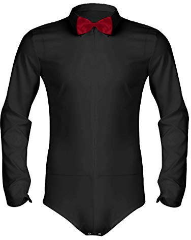 TiaoBug Herren Langarm Shirt Longsleeve Hemd Weiss Slim fit Body Overall T-Shirt mit Fliege festlich Männerbody Hochzeit Tanz Kleidung M-3XL Schwarz 3XL