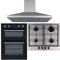 SIA 60cm Double Built In Fan Oven, 4 Burner Stainless Steel Gas Hob & Extractor