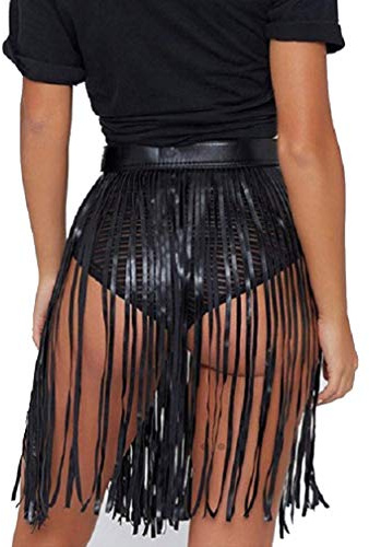 Fenyong Leder Fransen Rock Quaste Hüfte Schal Sommer Strand Gürtel für Frauen Schwarz, Schwarz, Einheitsgröße