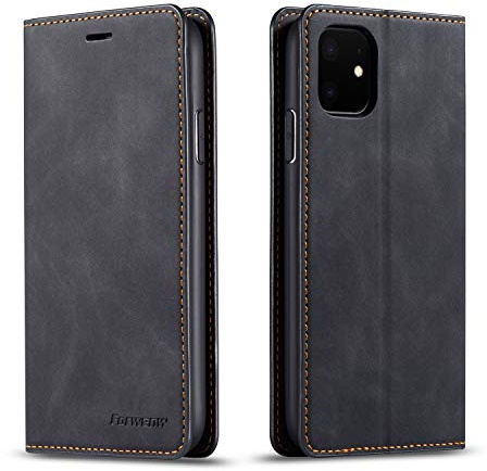 EYZUTAK Hülle für iPhone 11 (6.1 inch), Magnetverschluss Premium PU Leder Flip Case mit Kartenfächern Brieftasche Standfuntion stoßfeste Silikonhülle Retro Ledertasche - Schwarz