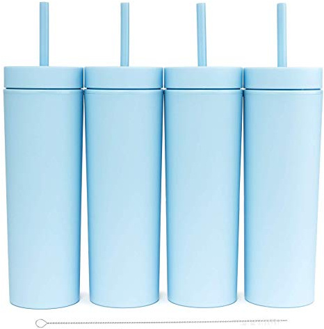 STRATA CUPS Perwinkle - Vasos delgados con tapas y popotes (paquete de 4), vasos acrílicos de color pastel mate de 16 onzas con tapas y popotes, vaso delgado de doble pared a granel, vaso reutilizable