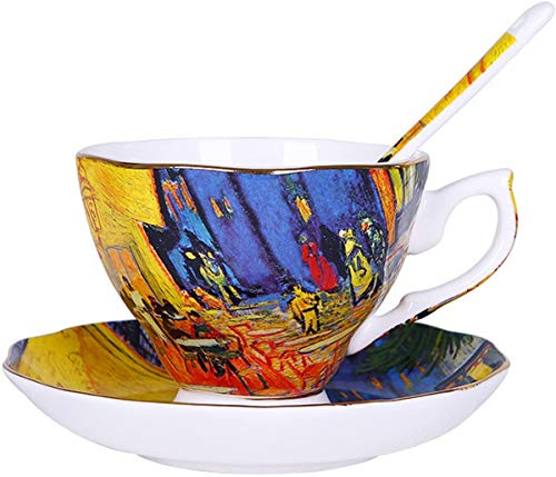 Eplze YBK Tech Bone China Cup and Saucer Set, 7oz Teacup - Design Inspired by Van Gogh's Paintings (Night café)