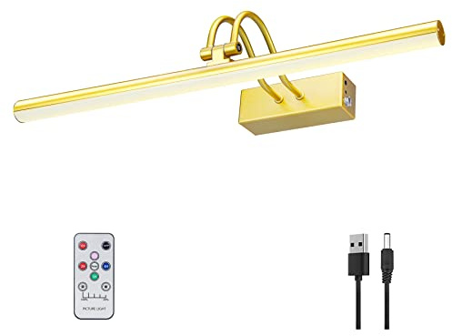 Picture Light, Cordless Picture Lights for Wall with Timer and Dimmable, 16 Inch Metal Battery Operated Wall Lights with 5000mAh Battery for Display Gallery Painting Art Frame Portrait - Gold
