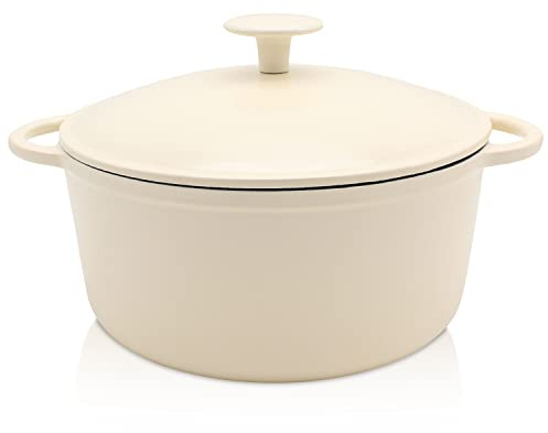 Krüger Gusseisen Topf mit Deckel - emailliert - außen creme u. innen schwarz matt - hohe Hitzebeständigkeit u. sehr gute Wärmespeicherung - für alle Herdarten inkl. Induktion geeignet (Savanna, 24 cm)