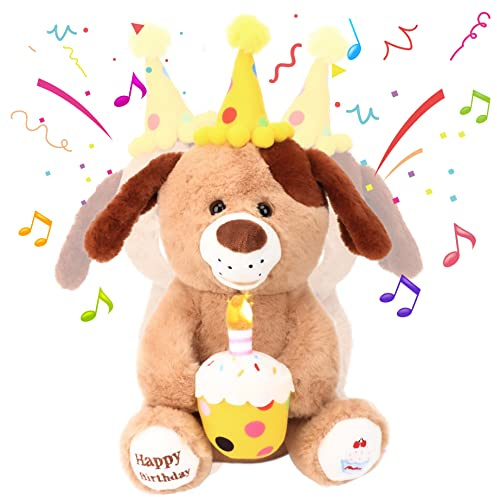 Hopearl Singender Geburtstagshund Mit Leuchtender Cupcake - Singendem & Tanzender Musikalischer Kuschelhund Als Interaktives Geschenk Plüschtier Für Jungen Mädchen (38 cm, Braun)