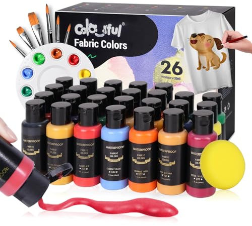 Colorful Stofffarben-Set für Kleidung mit 6 Pinseln, 1 Palette – permanentes 26 Farben Kit